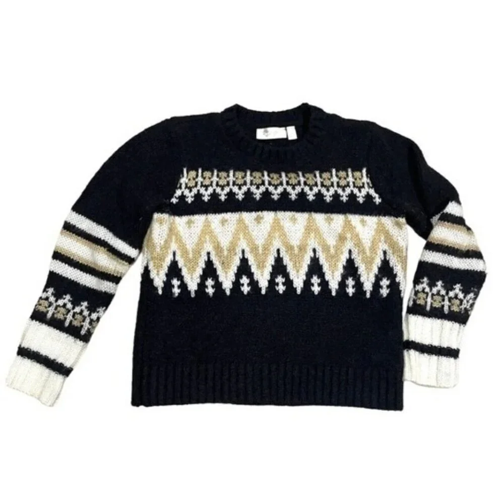 RD Style Women's Small Fair Isle Knit Wool Sweater Nordic Black Cream Geometric